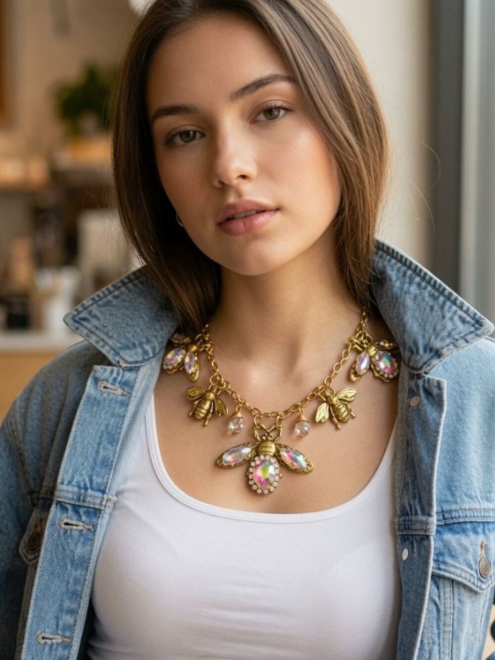Vintage Bee Statement Necklace – Rhinestone Bee Charm Necklace Adjusts Handcraft